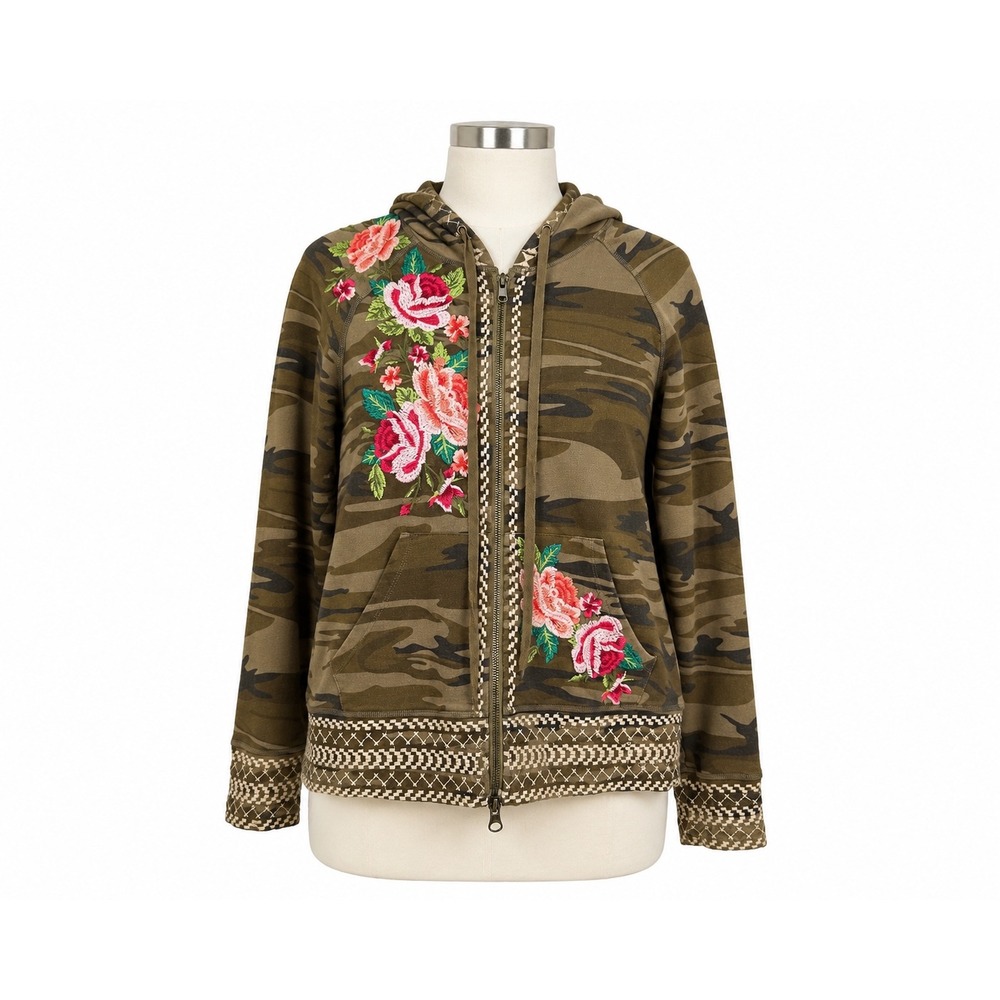 Johnny Was JWLA Camo Full Zip Hoodie Floral Embroidered Jacket Sweatshirt PS